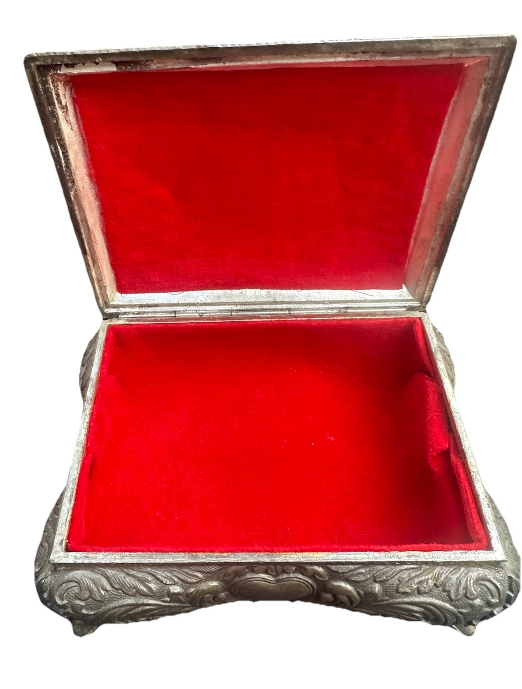 Silver Red Velvet Lined JAPAN Heavy Ornate Jewelry Keepsake Box Footed Vintage