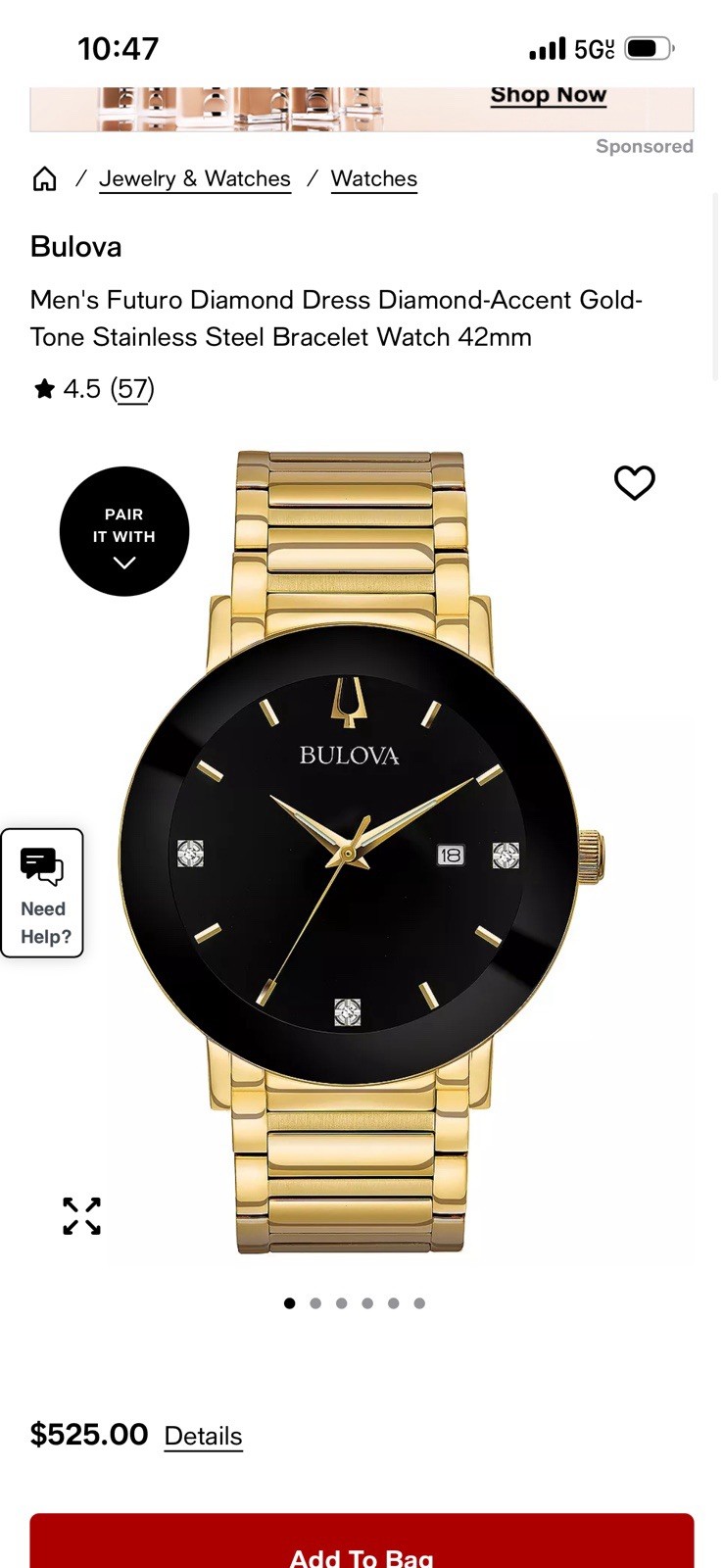 Bulova Men’s Diamond Accent Black Dial Gold-Tone Bracelet Quartz Date Watch