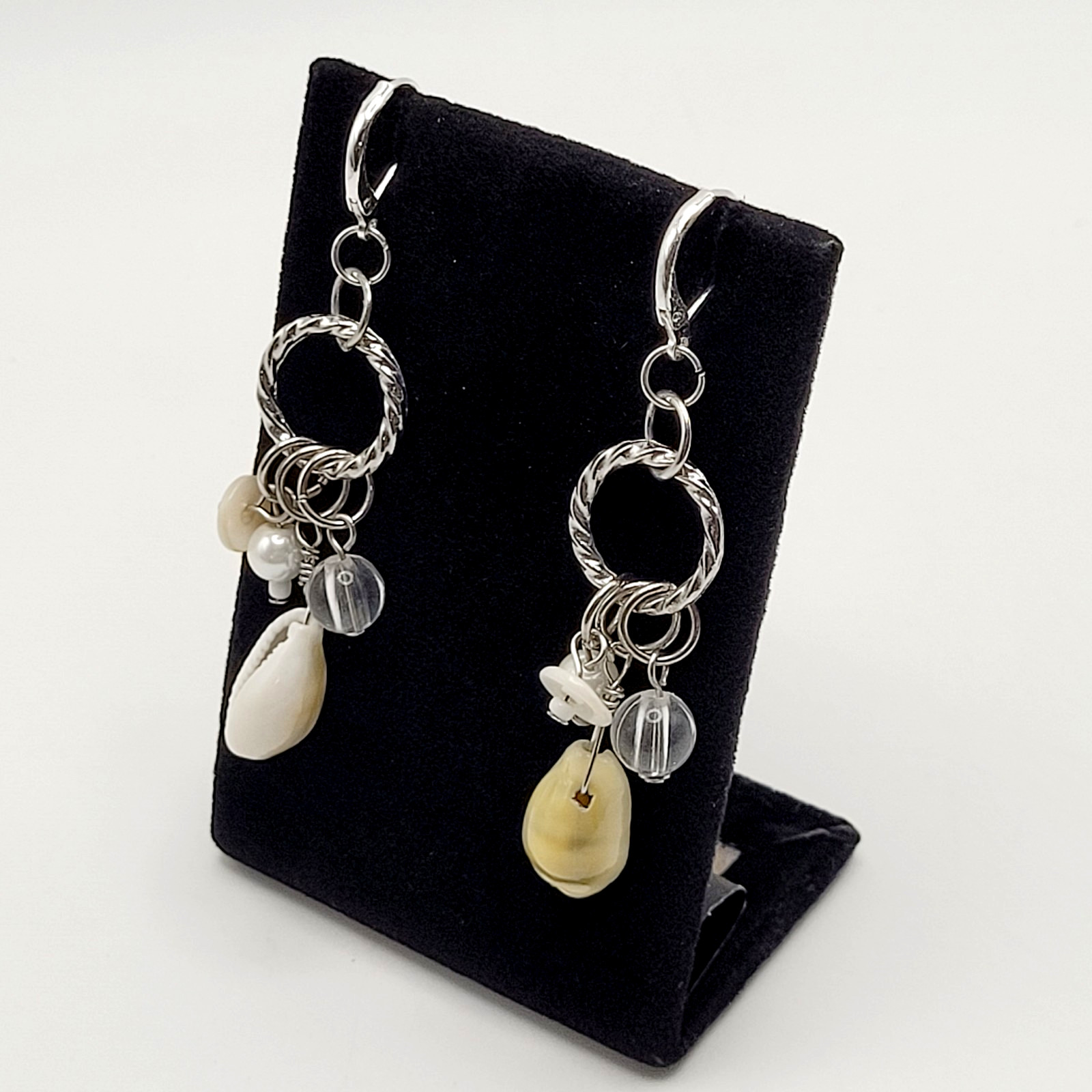 Handcrafted Boho Cowrie Shell Dangle Earrings Silver Tone Cluster Beaded Coastal