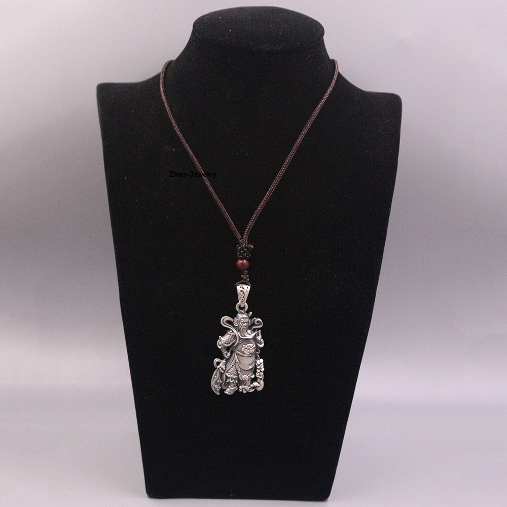 Pure S999 Fine Silver 999 Men Women Lucky Guangong Oblong Pendant 51*26mm