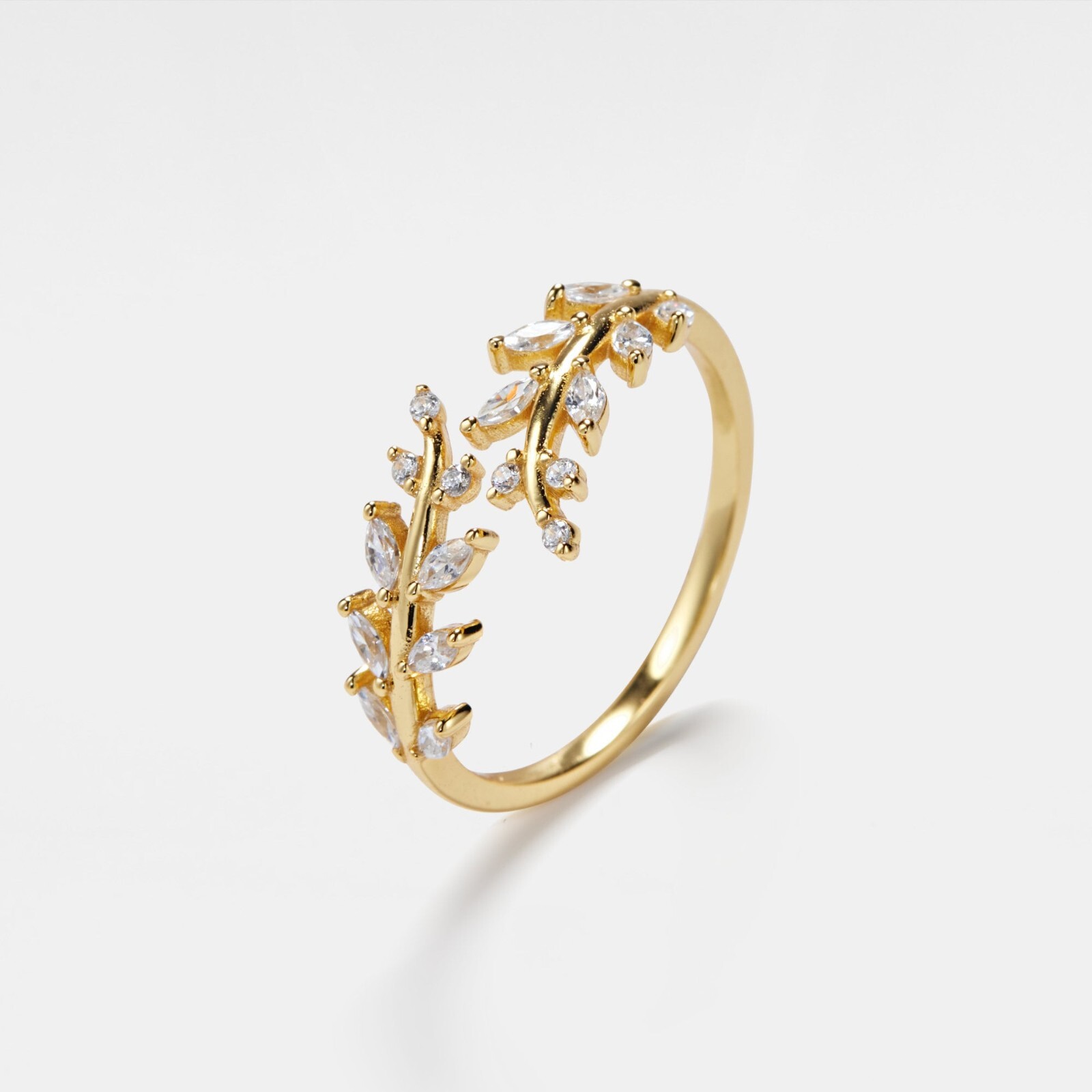 Dainty Gold Olive Branch Bypass Ring in 925 Sterling Silver