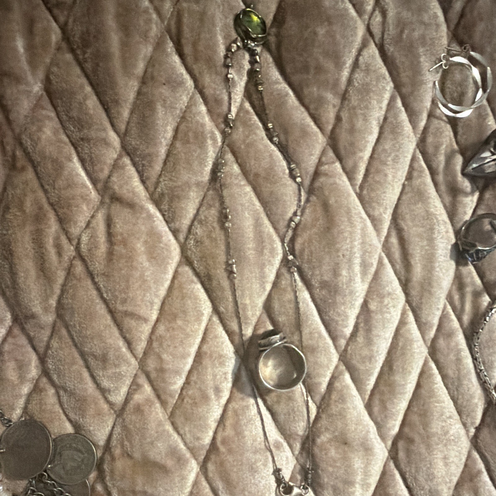 .925 Silver Bead Chain Necklace with Round Green quartz Bezel Pendant and ring