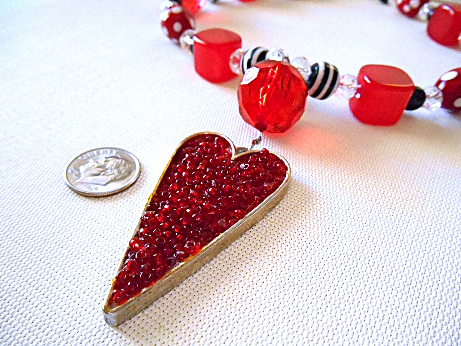 Red / White / Black Multi-color Beaded Heart Pendant Necklace