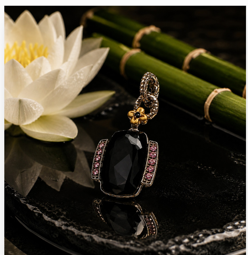 Barbara Bixby Black Onyx Cushion Cabochon Rhodolite Garnet Enhancer 925 18K NIB