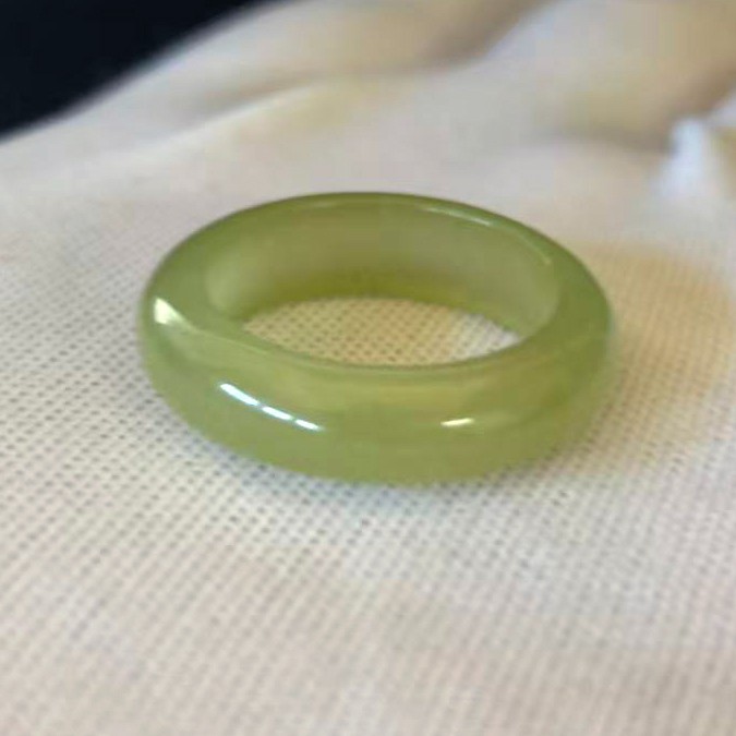 Natural Green Jade Ring Smooth Band, Width 6 mm, Size 7.75-8