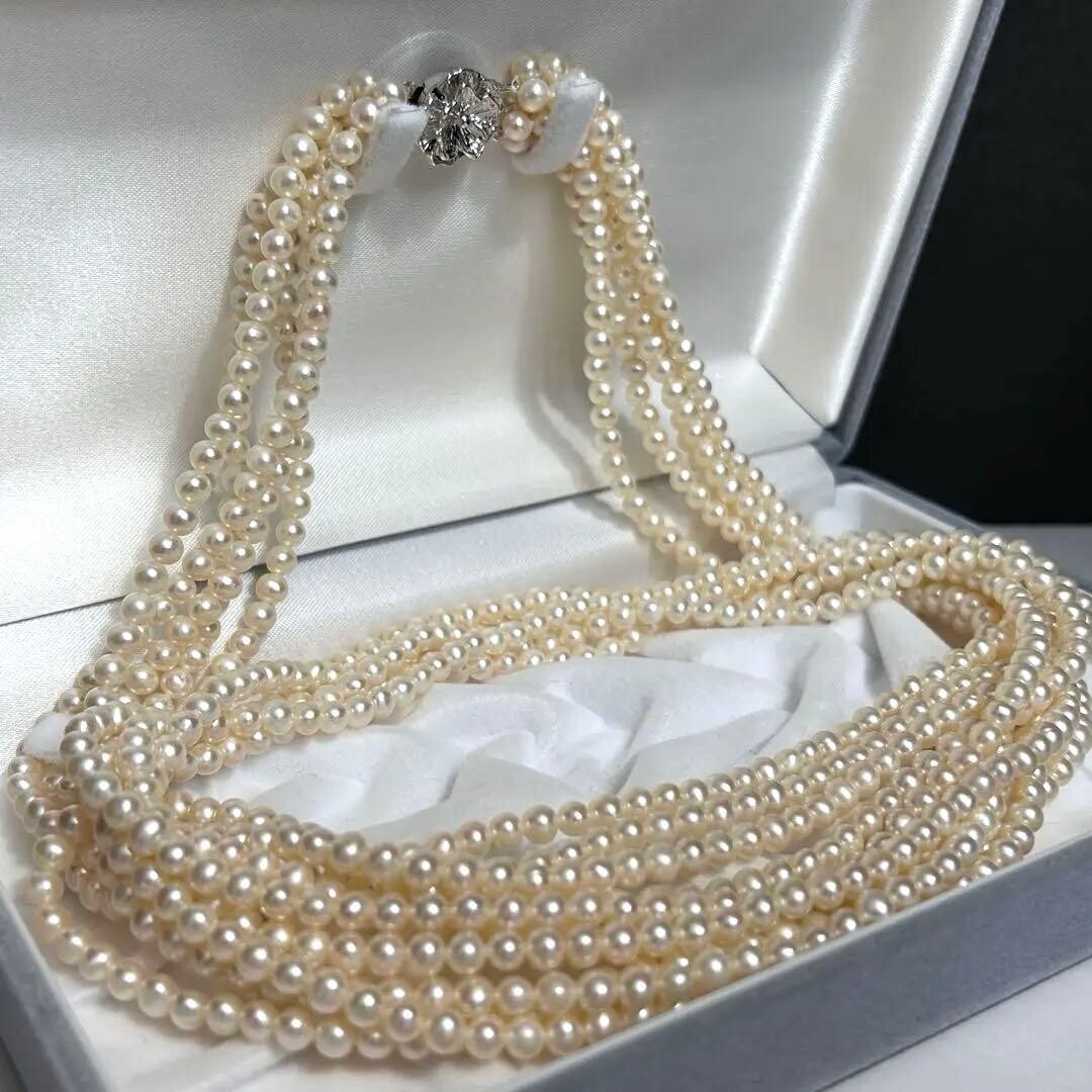 5 Strand Pearl Long Necklace 4.5mm 82cm SV White Round Auth