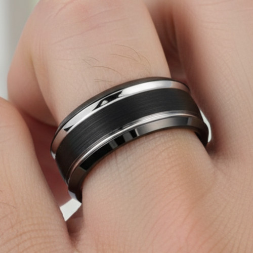 8mm Two-Tone Tungsten Carbide Band, Black IP Brushed Center Steel Color Ring