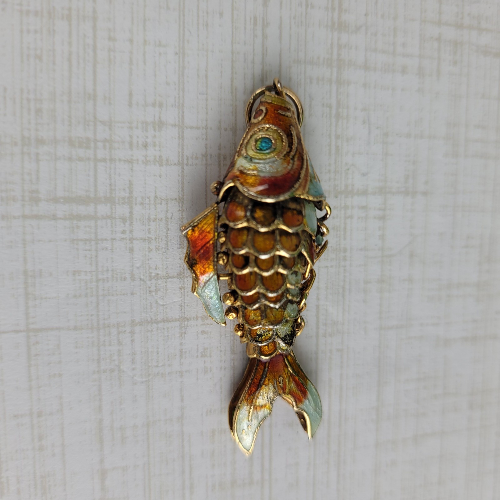 Chinese Gold Gilt Orange Enamel Cloissone Tropical Wiggly Fish Charm Pendant 2″