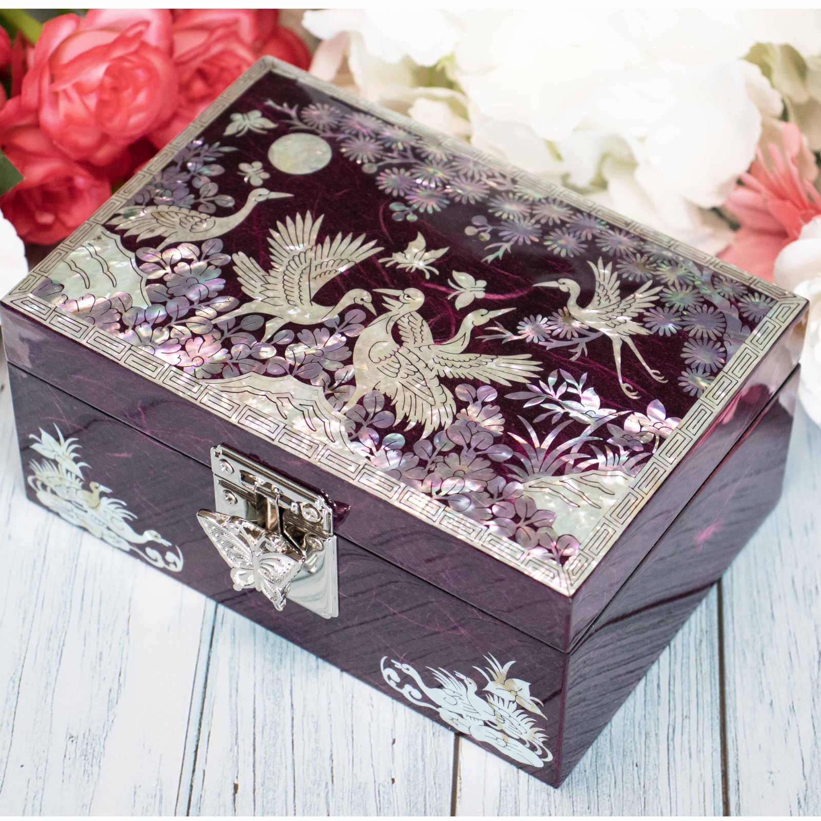 Mother of pearl Purple Lacquer Jewelry Box Vintage Ring Organizer Wood Keepsake