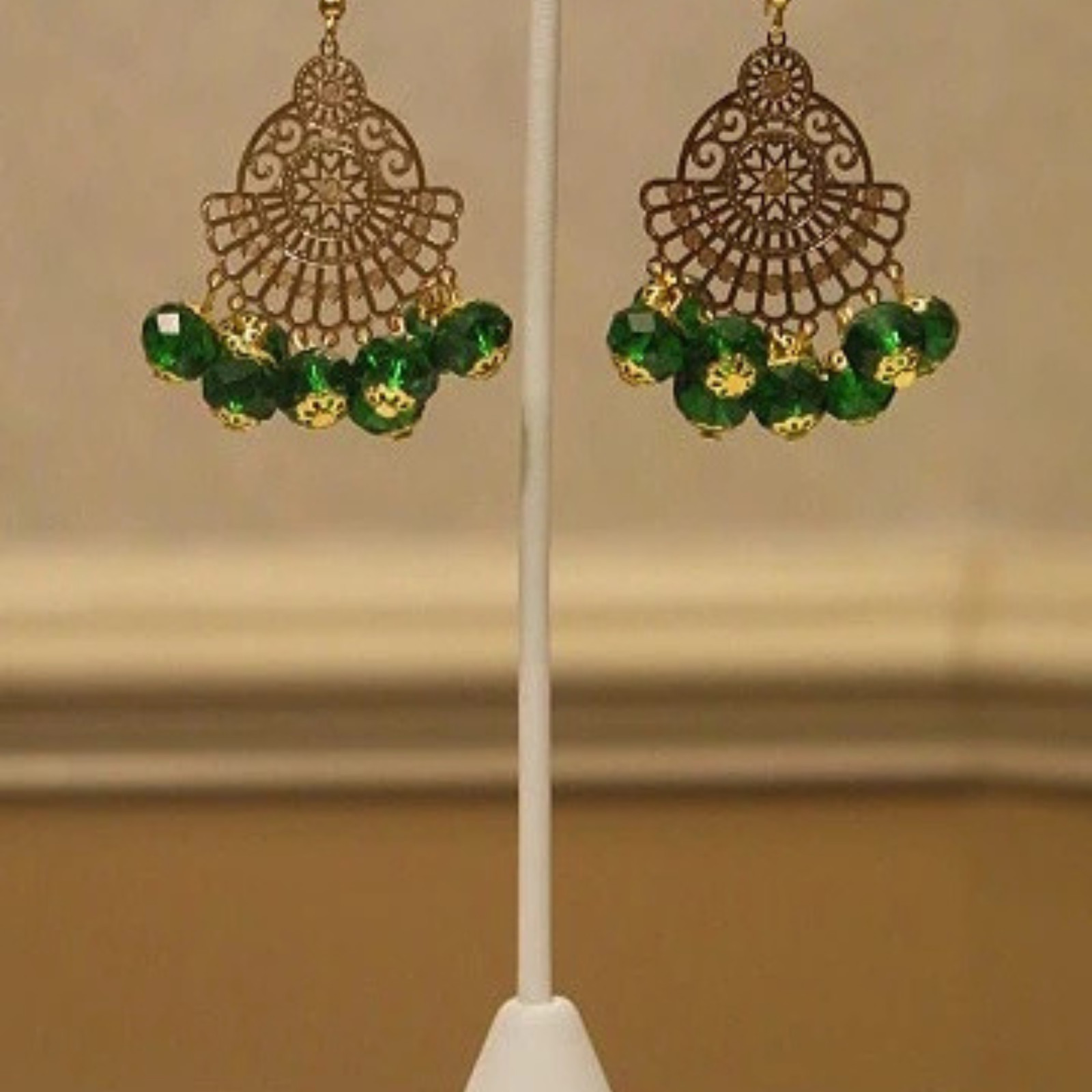 Handmade Emerald Green Filigree Statement Dangle Earrings Gold Tone Boho Women