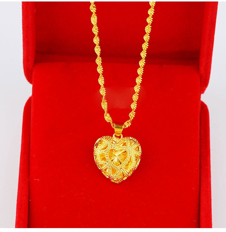 Women Hollow Heart Necklace 22k 23k 24k Thai Baht Yellow Gold Gp Necklace