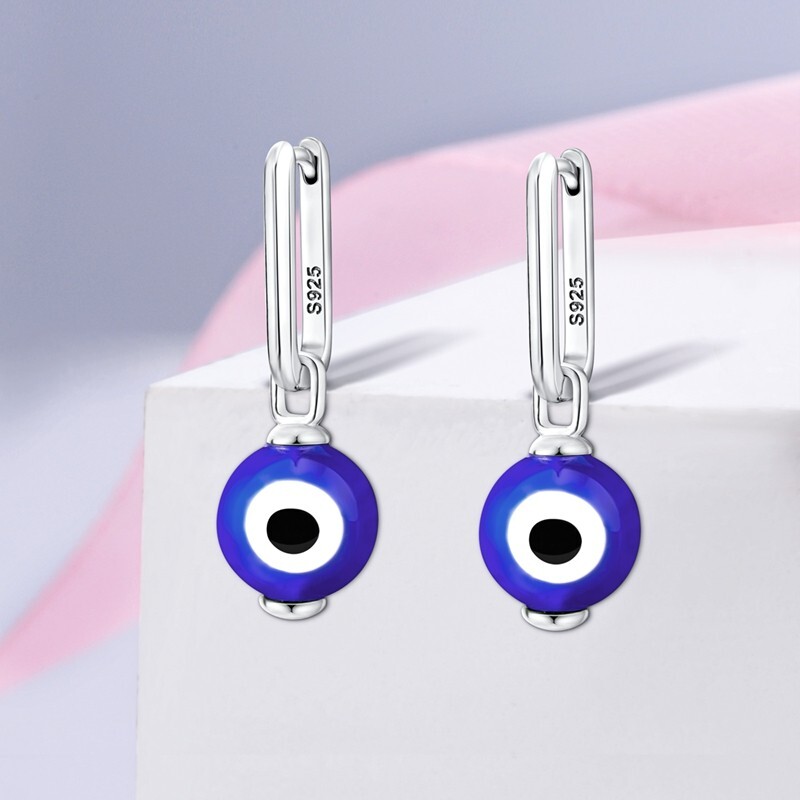 Earring with Nazar Boncuk Pendant Turkish Eye Blue 925 Sterling Silver Women