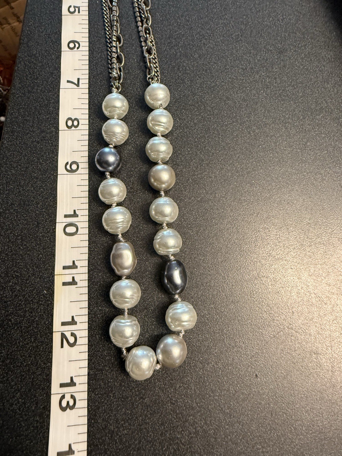 Doncaster Faux Pearl Multi Strand Chain Statement Necklace Silver Tone ~24-27″