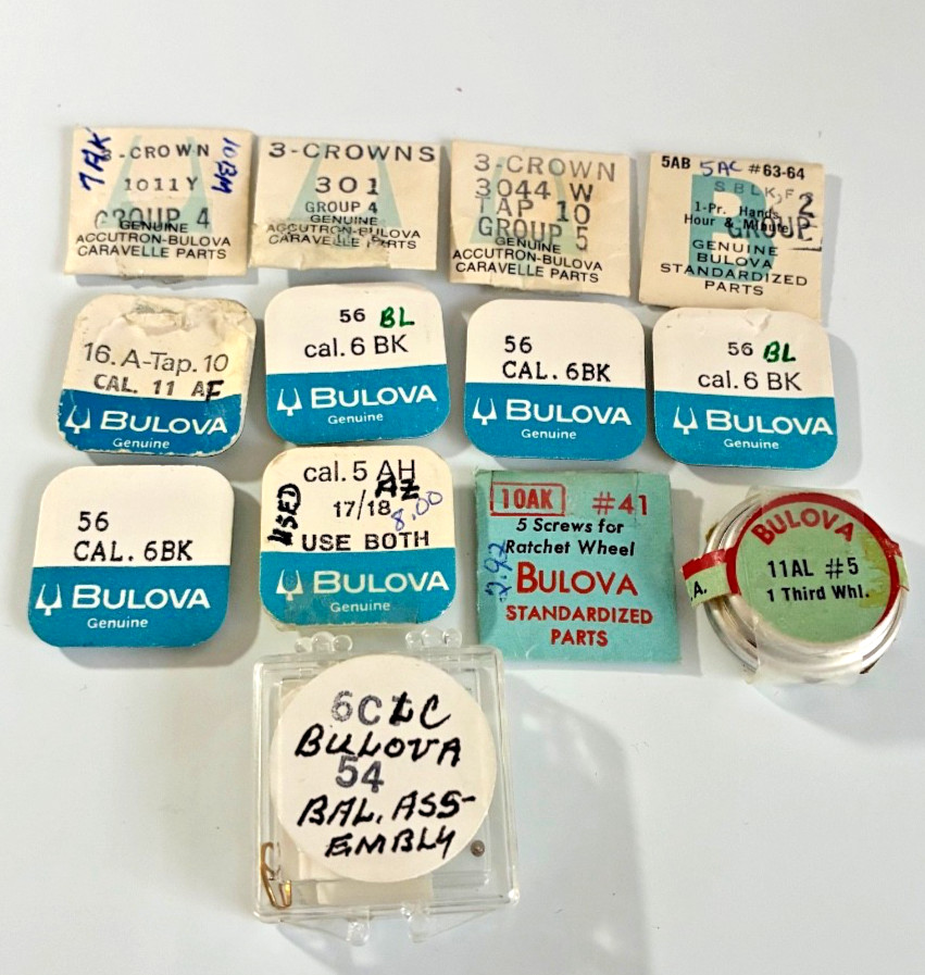 13 Pks Genuine Bulova Accutron NOS Watch Parts Cal 6BK, 10AK, 11A, 6C2C + More!