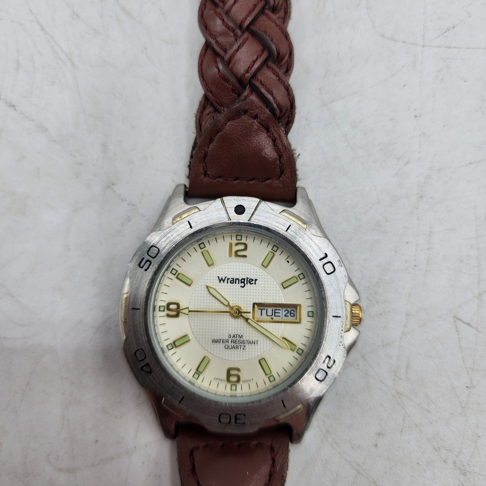 Wrangler Hero Mens Silver Brown Leather Watch Quartz 6309 Needs Battery V377