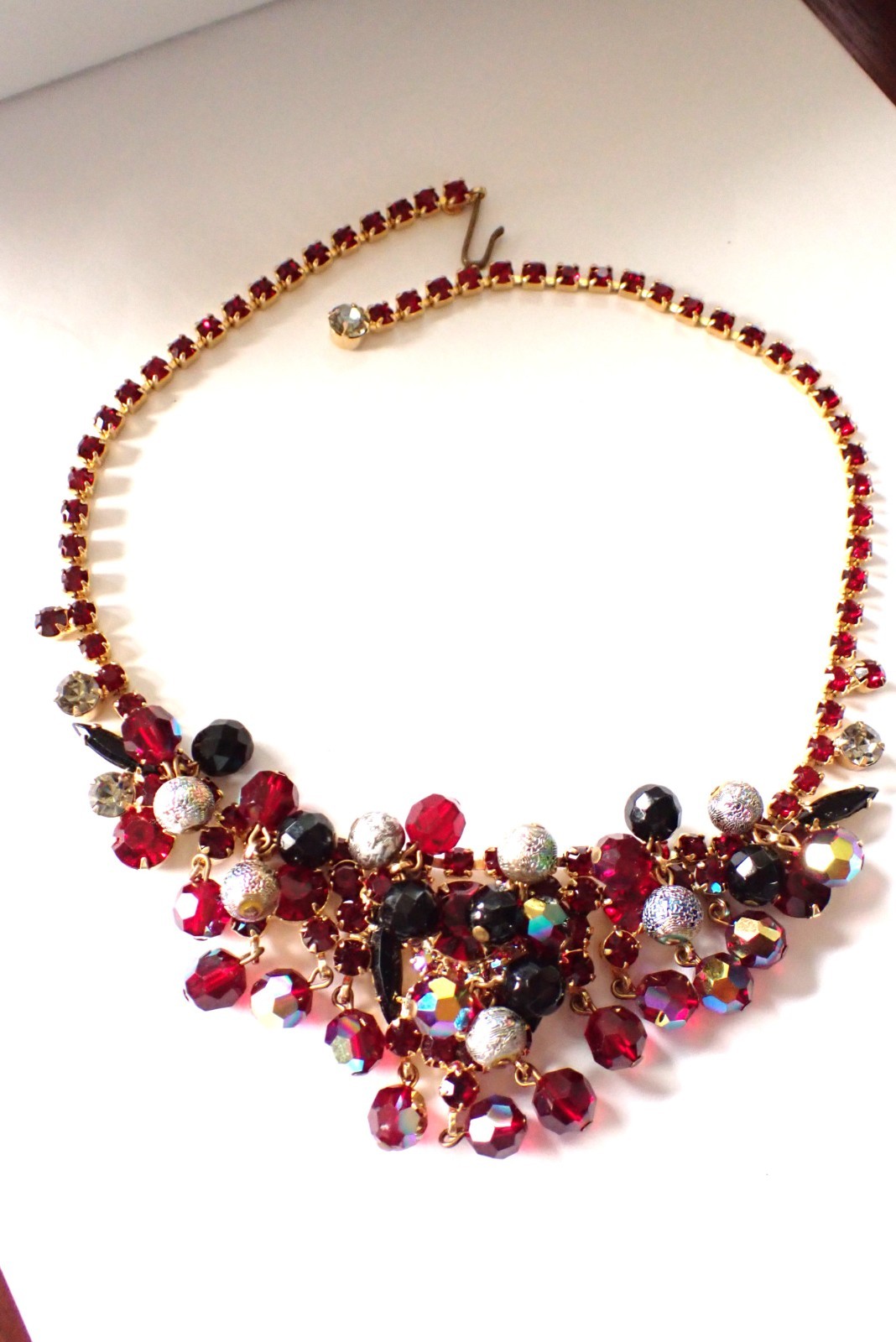 Verified Juliana Vintage Red & Black Cha Cha Necklace Metalized Beads Rhinestone