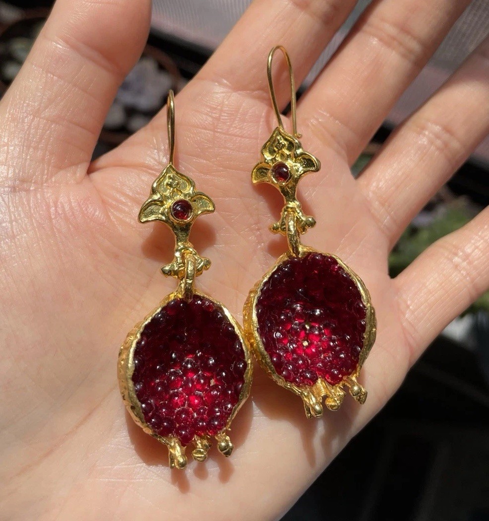 Gold Plated Copper Pomegranate Drop Earrings Red Seed Statement