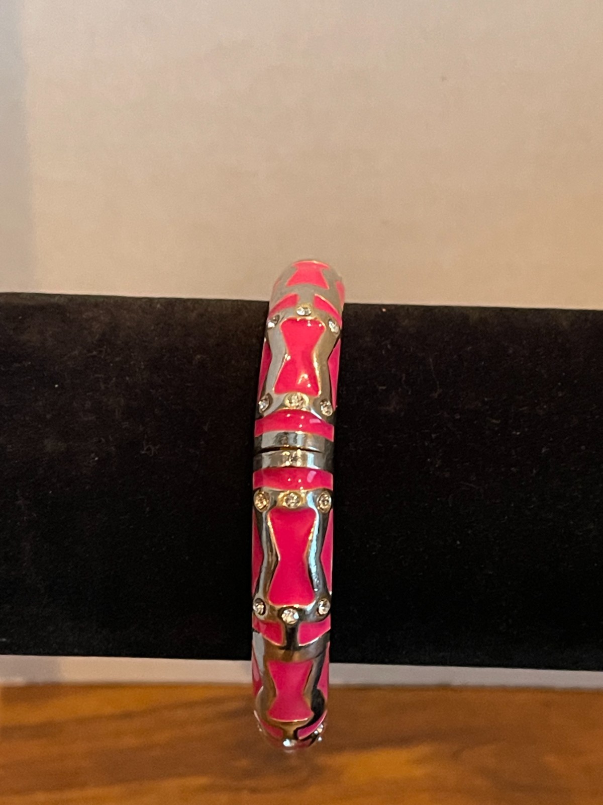 Hot Pink Fuchsia Enamel Clamper Cuff Bangle Bracelet Rhinestone Hinged Estate