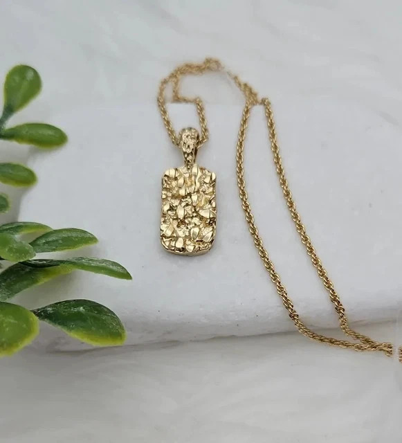 Men’s 14K Yellow Gold Plated Nugget Small Dog Tag Pendant 24″ Chain Necklace