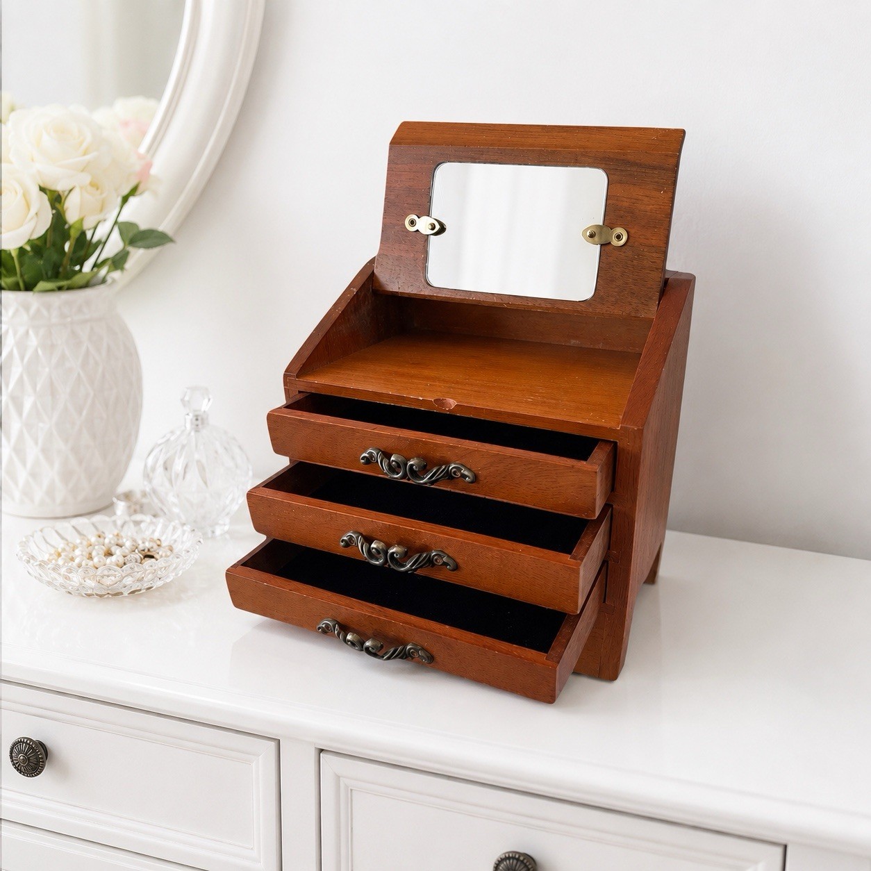 Small Wood Jewelry Box Tilting Mirror 3 Drawer Vanity Organizer Photo Holder 6”