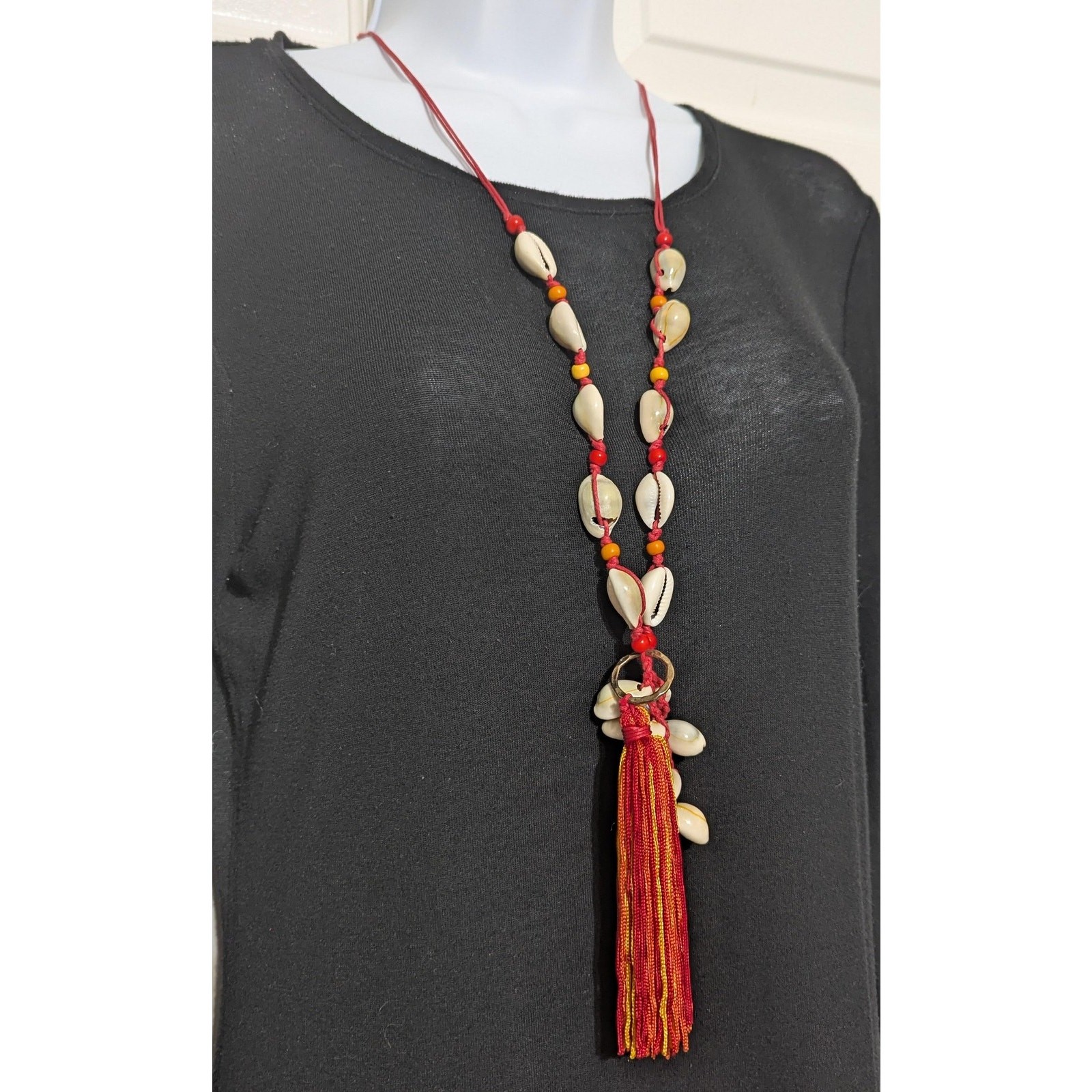 MIA Collection Cowrie Shell Tassel Long Necklace Red Cord Adjustable Boho Women