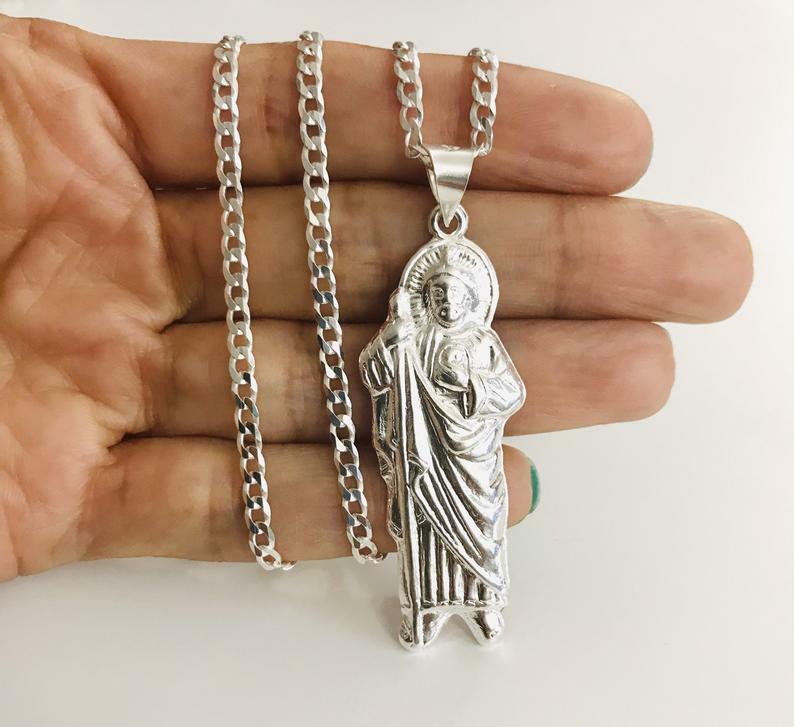 925 Sterling Silver Saint Jude Necklace/ Cadena/Dije de San Judas Plata -ESN60