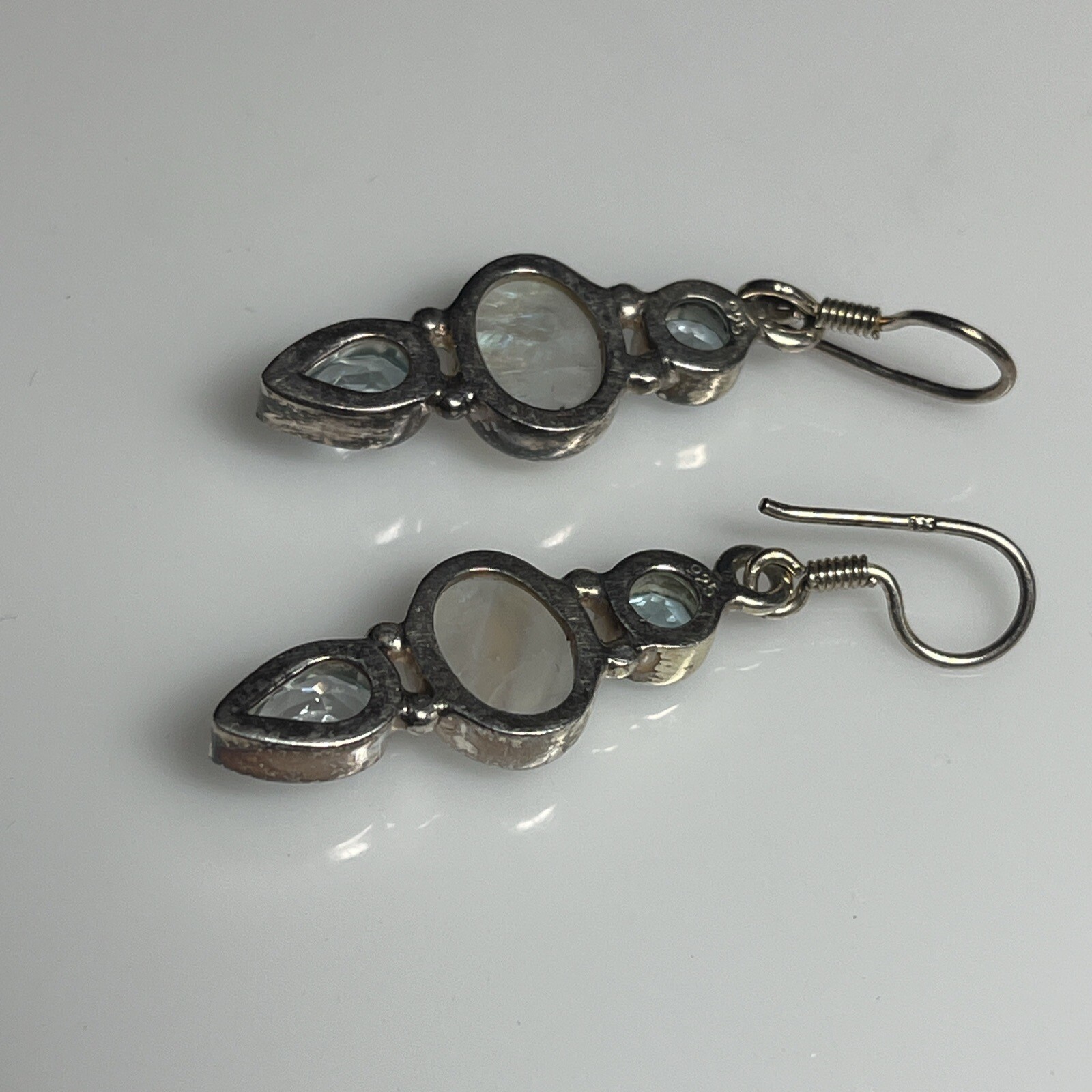 Moonstone and Faceted Blue Topaz 925 Sterling Silver 3-Gem Dangle Earrings 8a