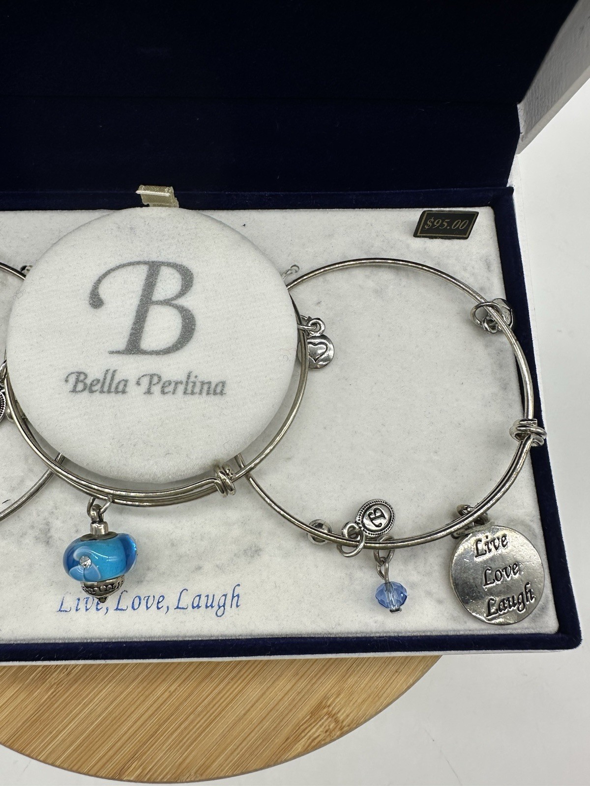 Bella Perlina 3 Piece Bracelet Set Live Laugh Love Silvertone Charms In Box READ