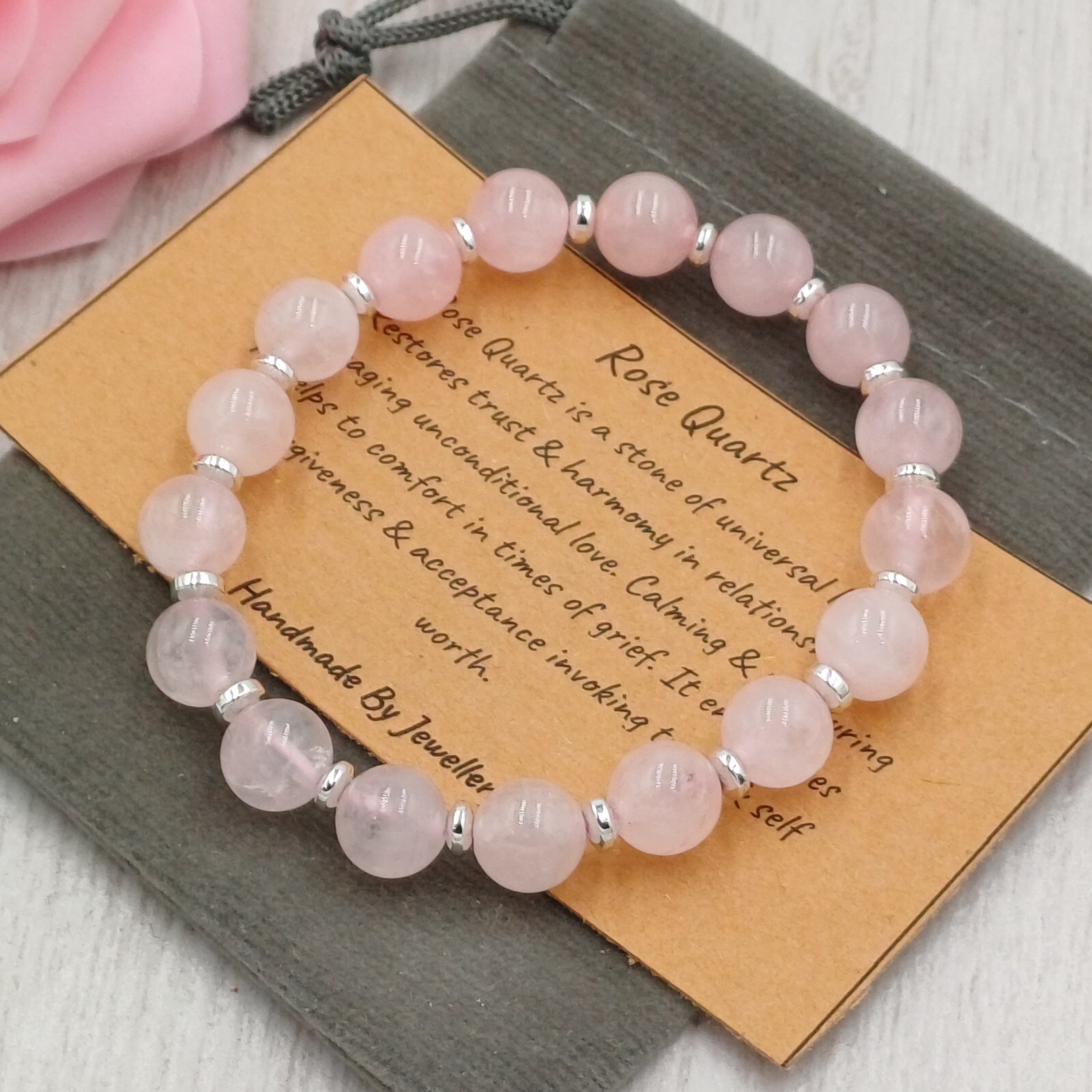 ROSE QUARTZ Bracelet Stretch Handmade + Gift Bag & Card Crystal Gemstone 6/8mm
