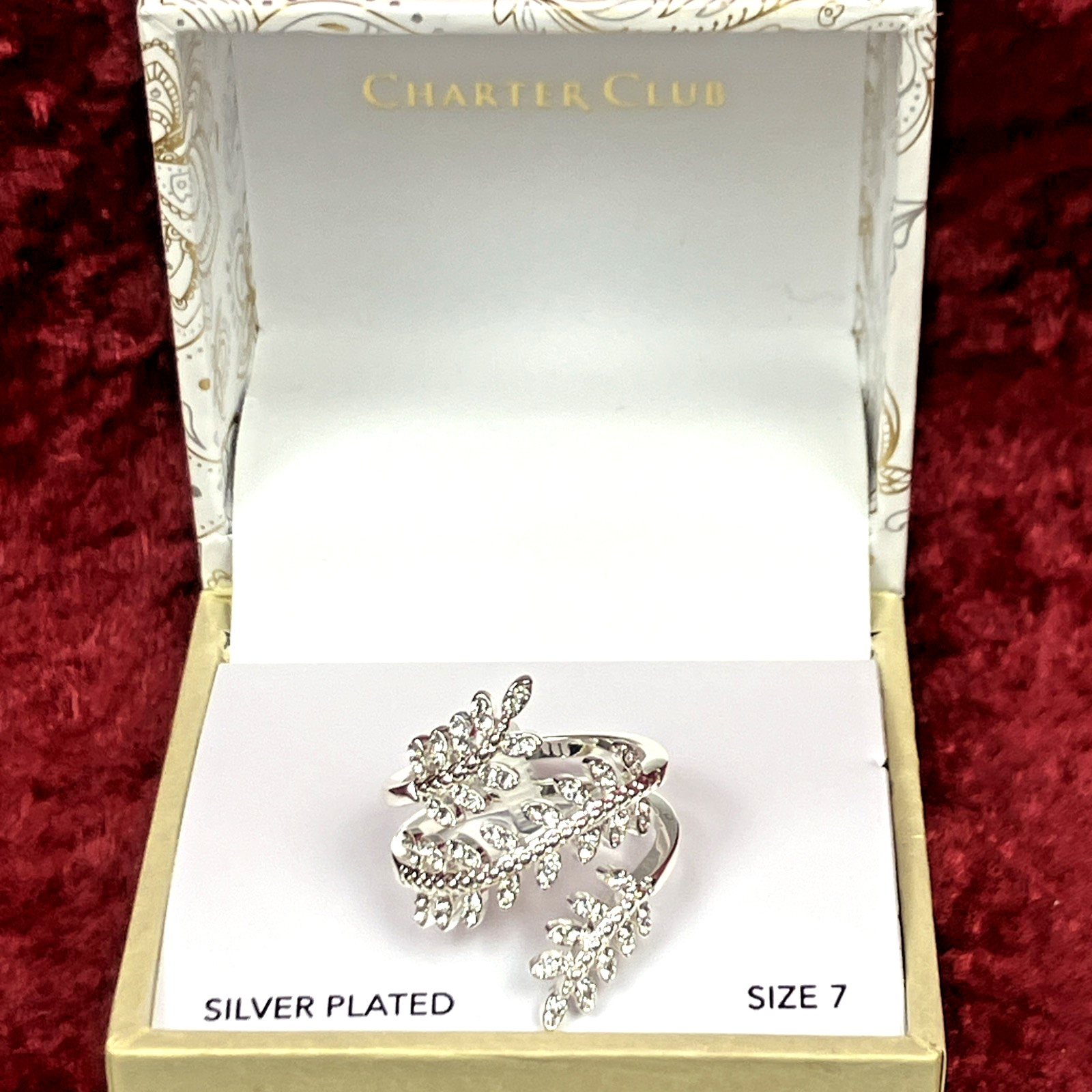 Charter Club Fine Silver Plate Crystal Leaf Wrap Ring Sz 7 NIB $39