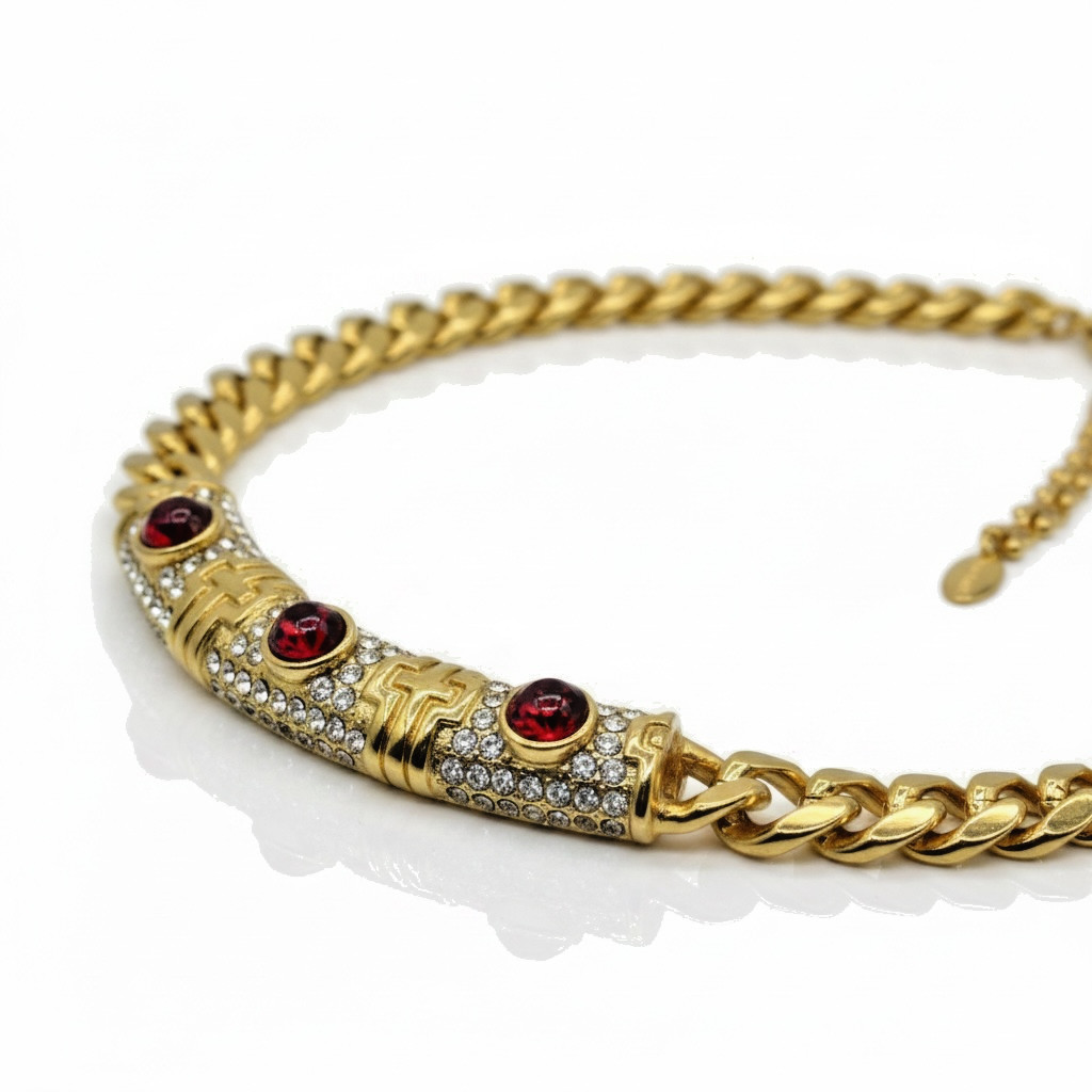 Catwalk Jon Chunky Gold Tone Necklace Rich Red Stones & White Rhinestones NEW