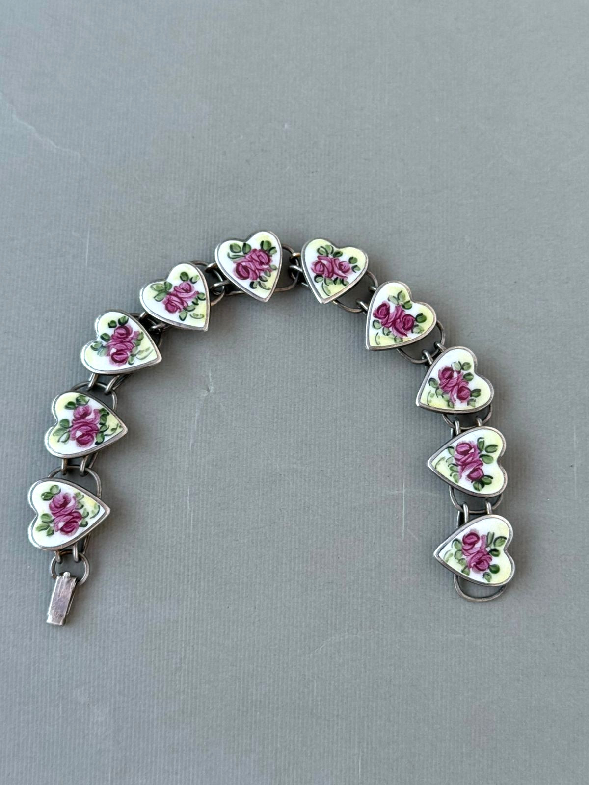 Vintage Bracelet Sweetheart Enamel Hearts Roses Bliss Bros 6.85″