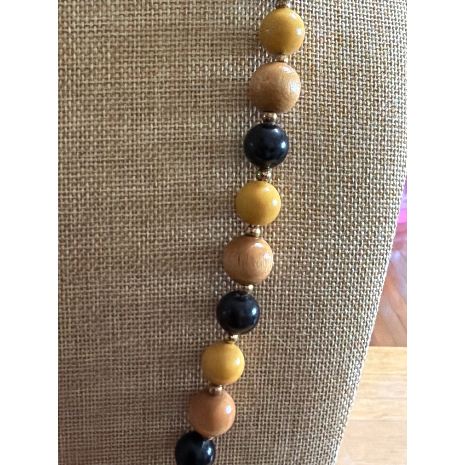 Vintage Beaded Necklace Wood Mustard Yellow Black Earthy Tones Boho Handmade