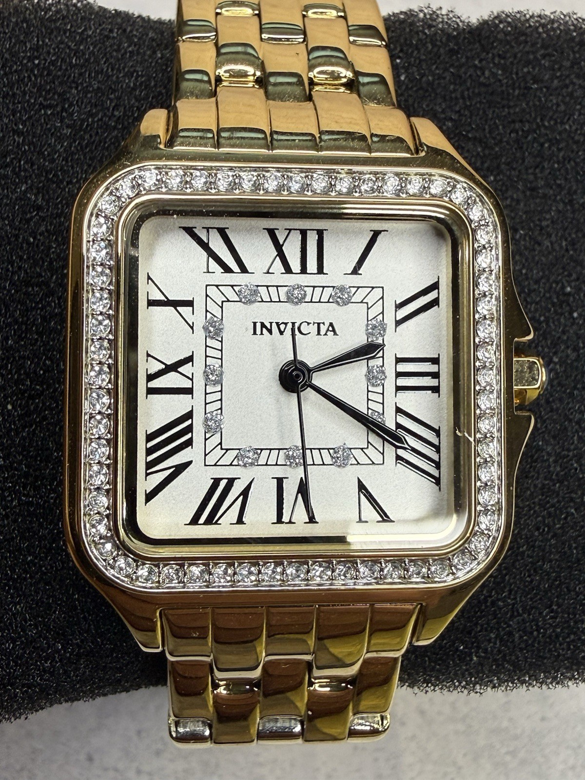 Invicta Angel Gold Crystal Bezel Rectangular White Roman Dial Watch 28mm