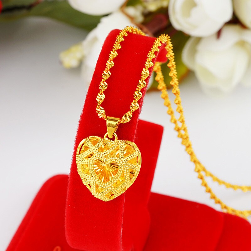 Women Hollow Heart Necklace 22k 23k 24k Thai Baht Yellow Gold Gp Necklace