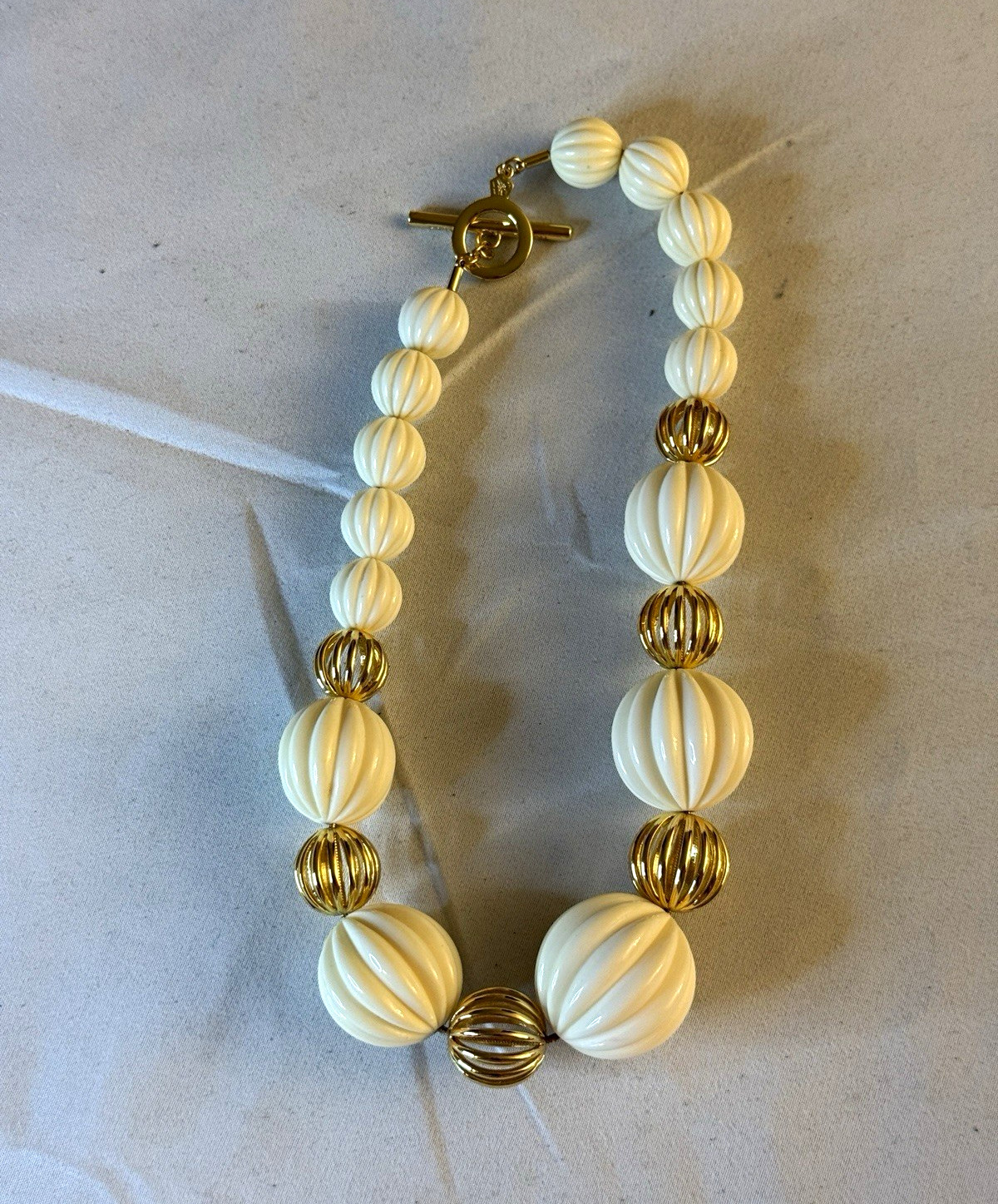 White & Gold Beaded Statement Necklace Toggle Closure