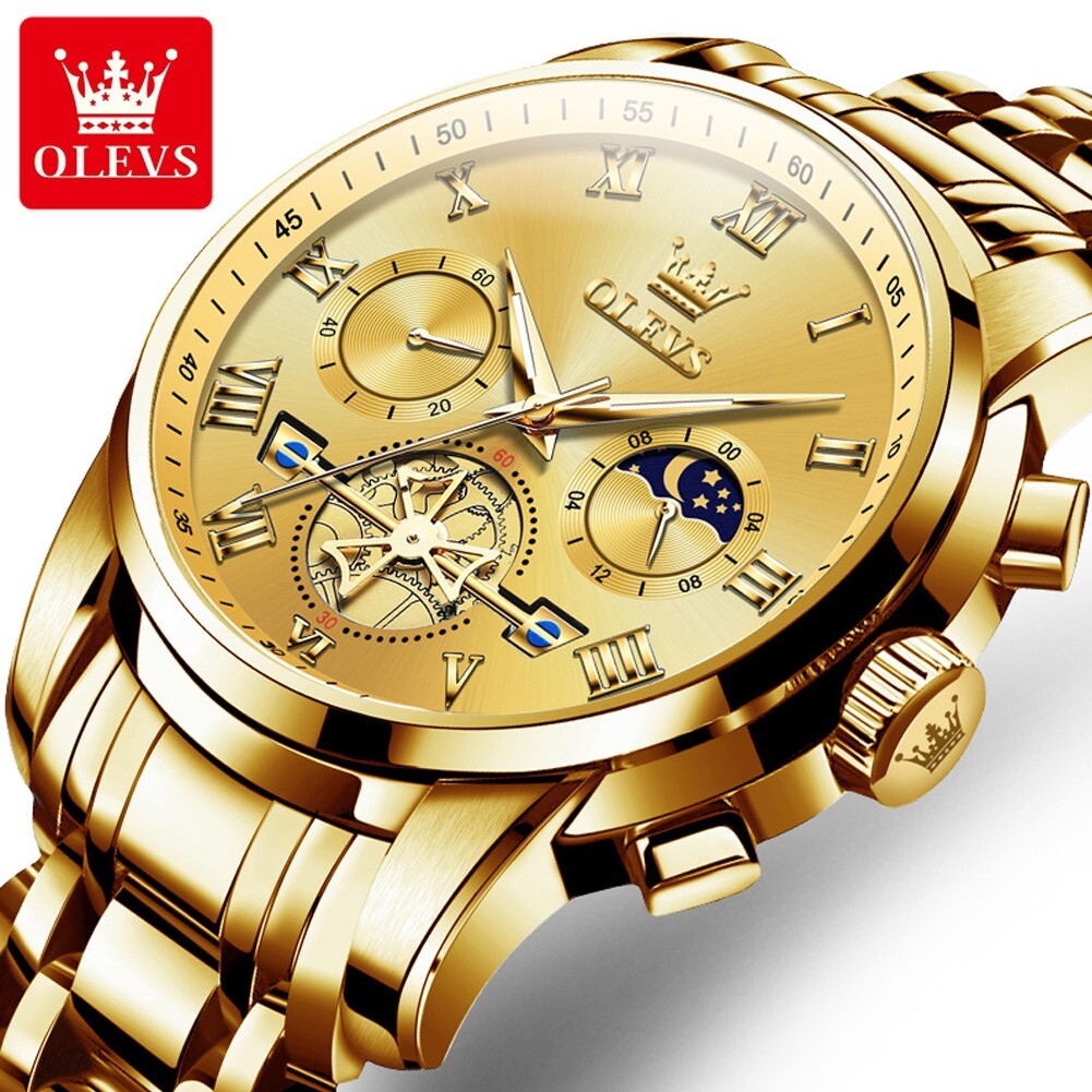 OLEVS Quartz Men’s Watch, Stainless Steel, Chronograph, Waterproof, Moon Phases