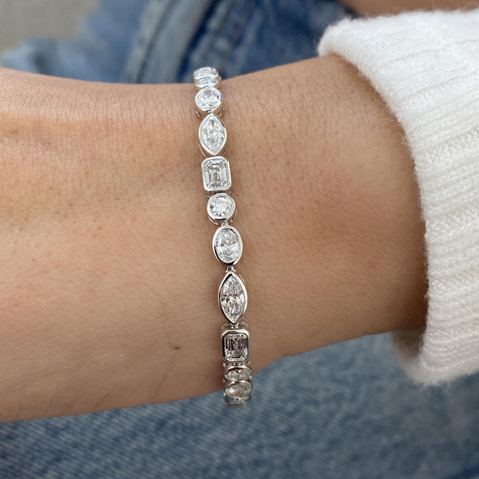 Lab Grown Diamond Multi Cut Bezel Style Tennis Bracelet 14k Solid White Gold