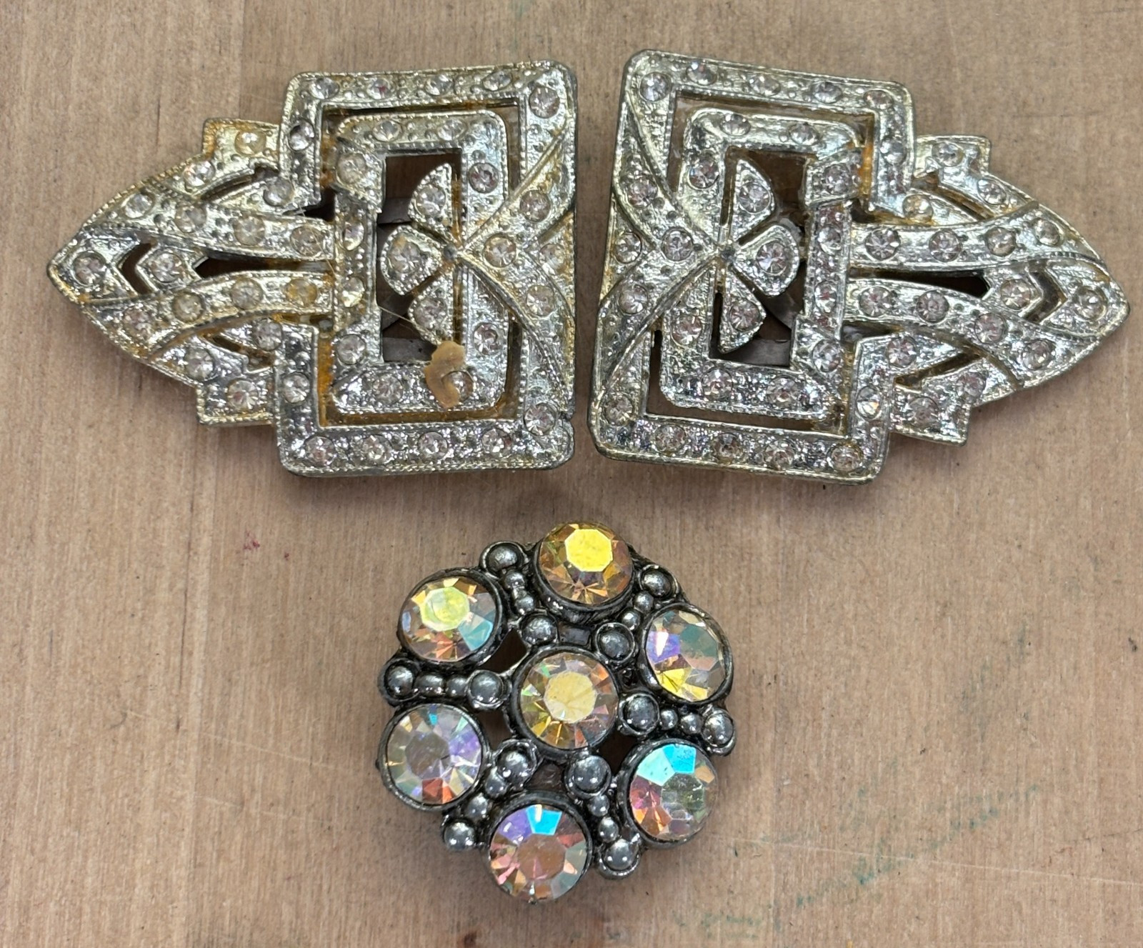 Vintage Pair Paste Rhinestone Shoe Clips and Faceted Aurora Borealis AB Button
