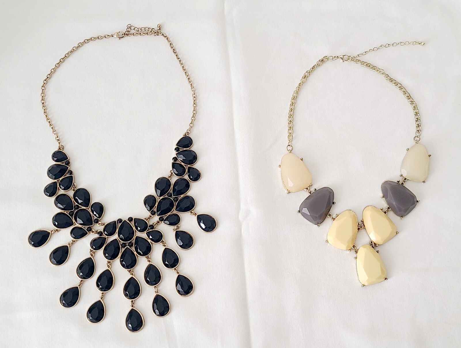 Lot of 2 Necklaces Gold Tone Statement Bib Chain Black Yellow Gray