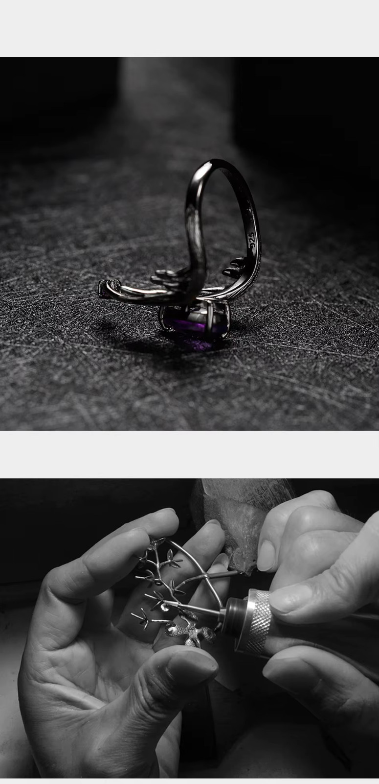 1.43Ct Natural Pear Amethyst Gemstone Handmade Bird Feather 925 Silver Ring