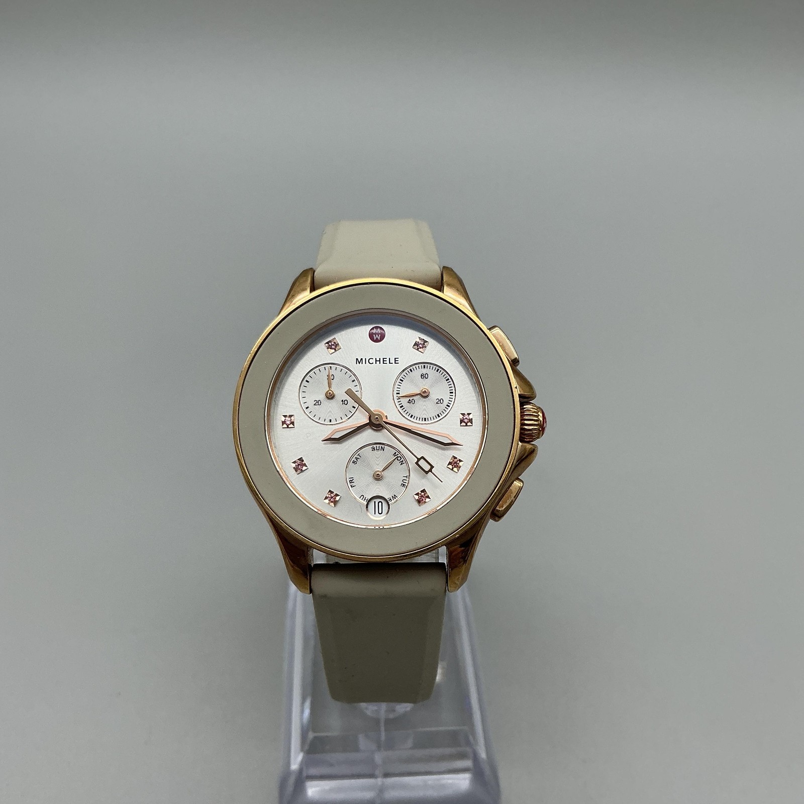 Michele Womens Watch 36mm Rose Gold Tone Chronograph Silver Tone New Battery