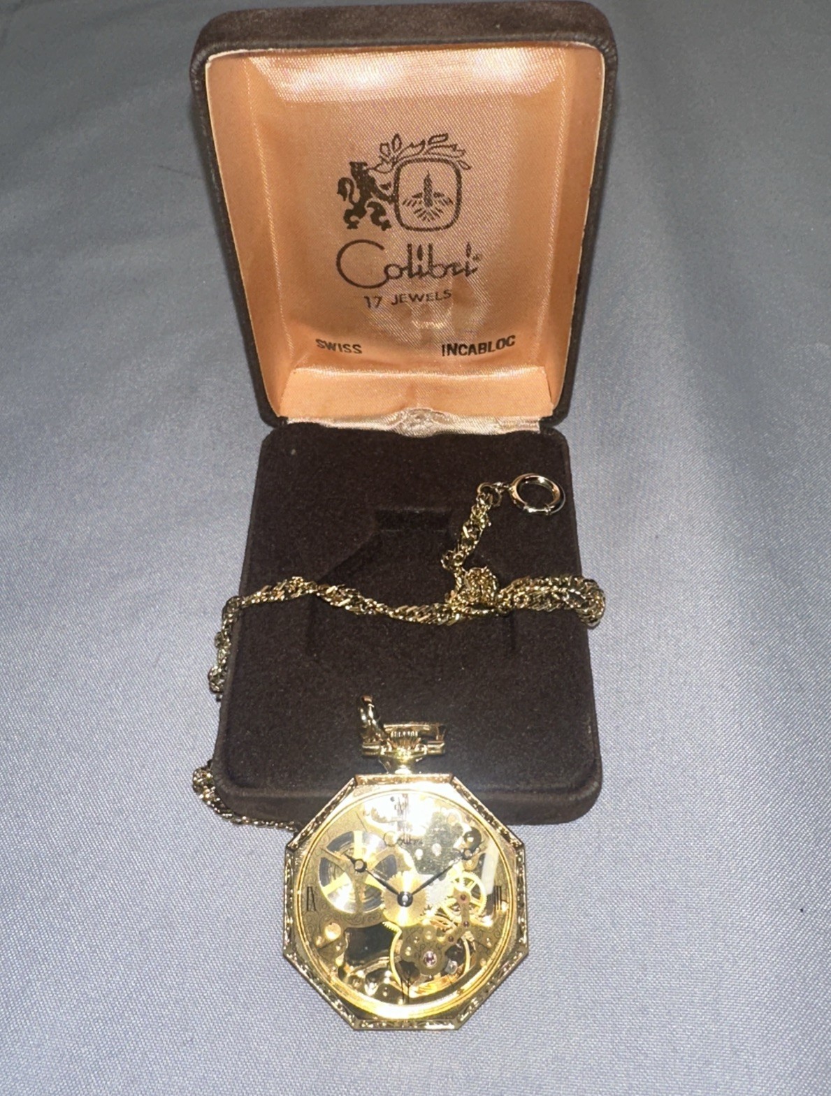Vintage Colibri 17 Jewels Incabloc Swiss Skeletonized Pocket Watch Chain + Case