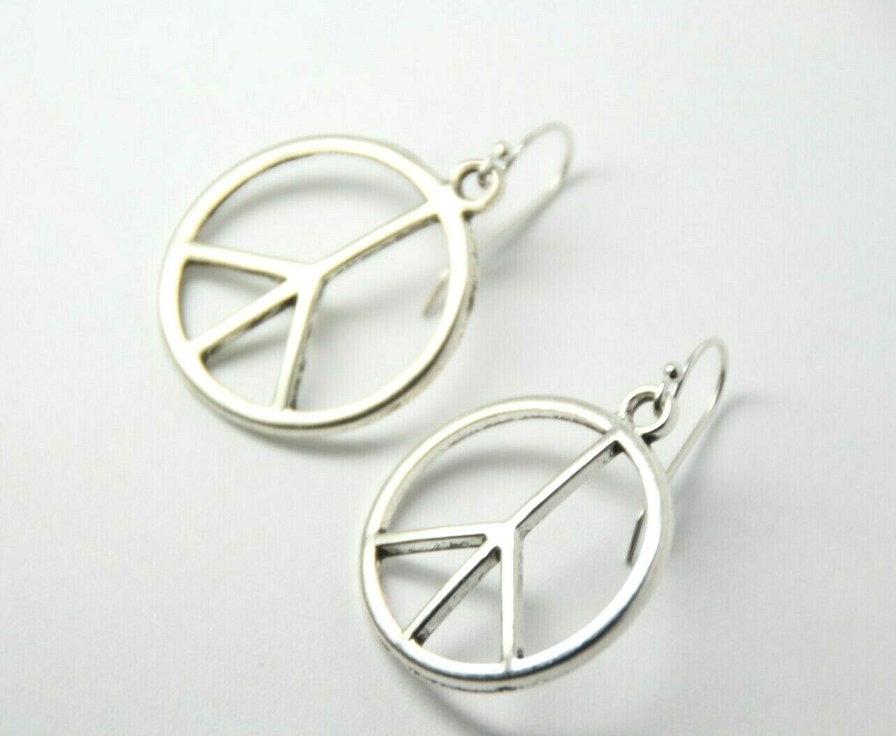 Peace Sign Charm Earrings Hippie 1960s 925 Sterling Silver Hooks Pewter Charms