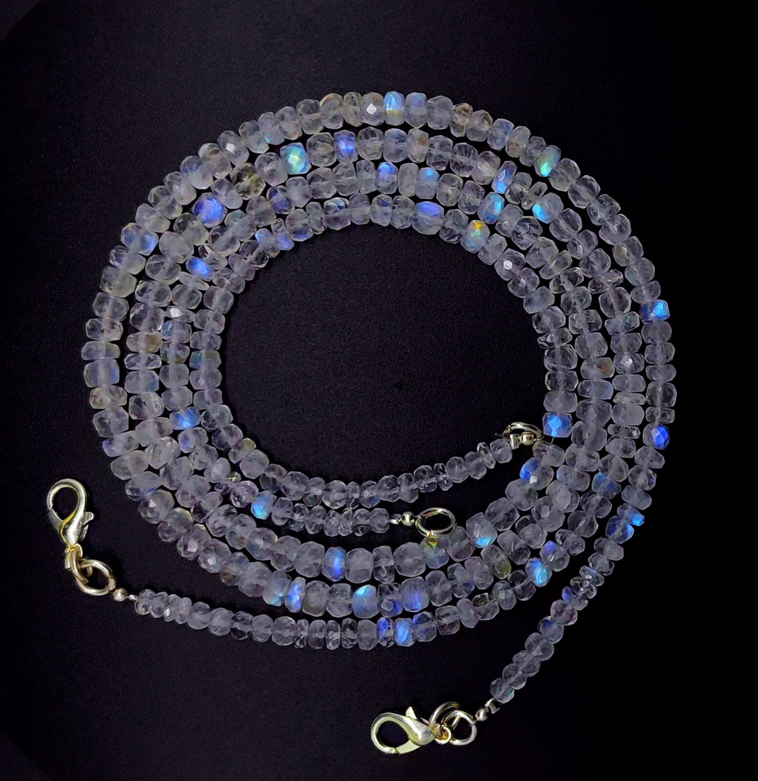 Natural Gem Blue Fire Rainbow Moonstone 4-5mm Faceted Rondelle Bead Necklace 16″