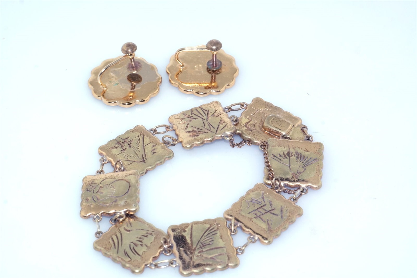 Vtg Japanese Damascene Shakudo Panel Bracelet plus Earrings