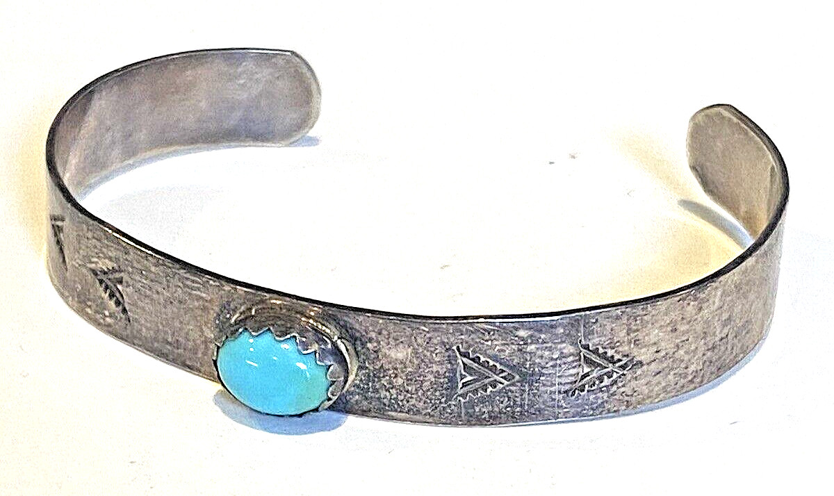 Fred Harvey NATIVE NAVAJO GERALDINE GOAT TURQUOISE STERLING Stamp Cuff Bracelet