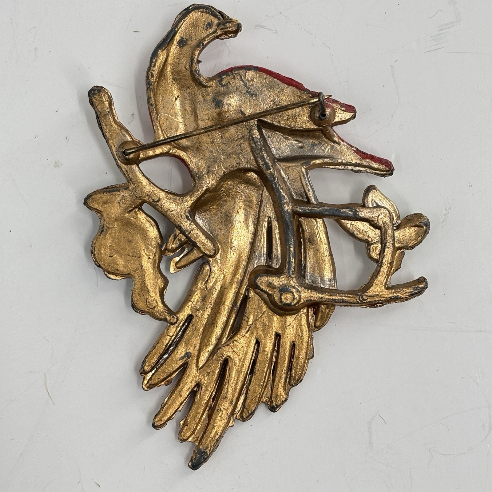 Vintage Pot Metal and Enamel Brooch Pin Exotic Bird Flowers Tropical Paradise