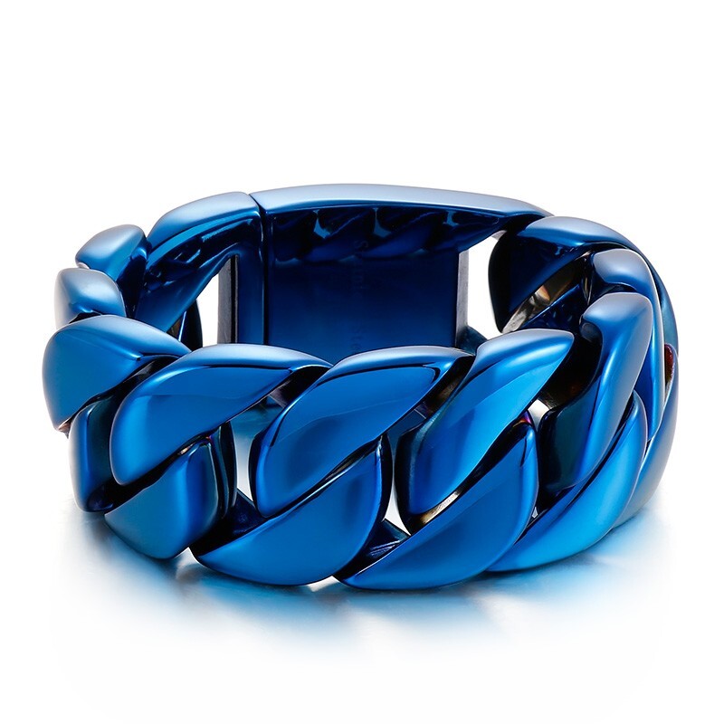 32mm 24cm (9.44”) Large Chunky Cuban Curb Chain Bracelet Stainless Steel Blue