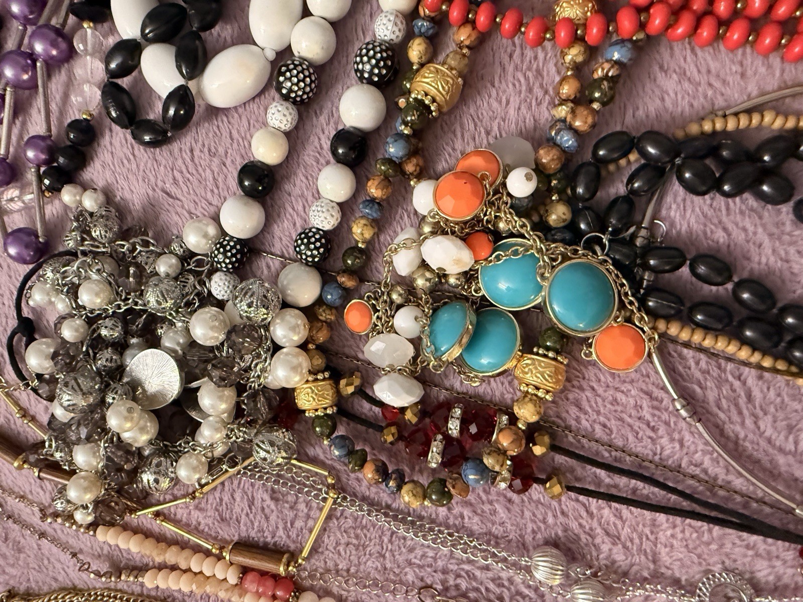 50 Plus Necklaces.All wearable.Stones, Glass, Resin, Plastic,Shell. Lot 1.